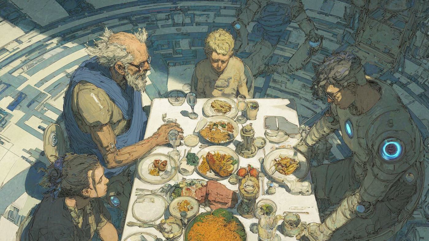 A family dinner seen from above: an old man, a child and their guests lean over a table crowded with dishes.