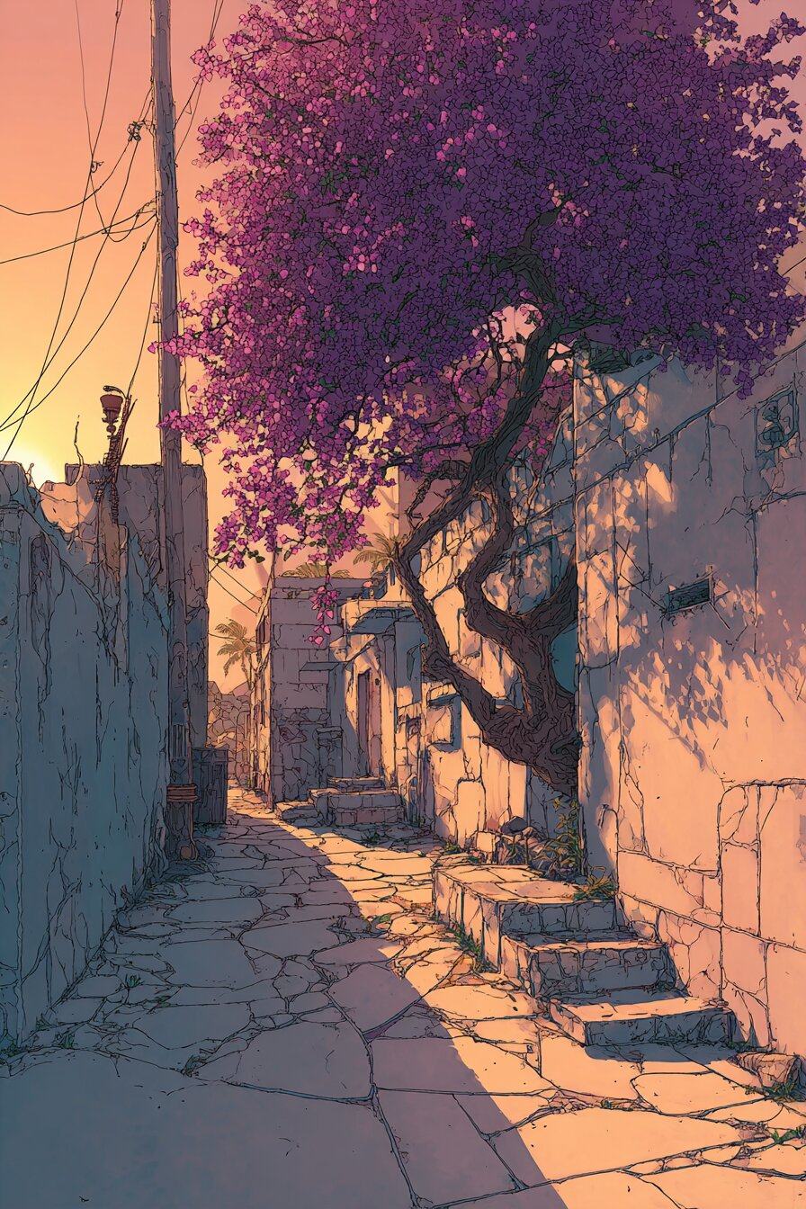 A tree in deep purple bloom leans over a narrow stone lane between pale walls, lit gold by a low sun.