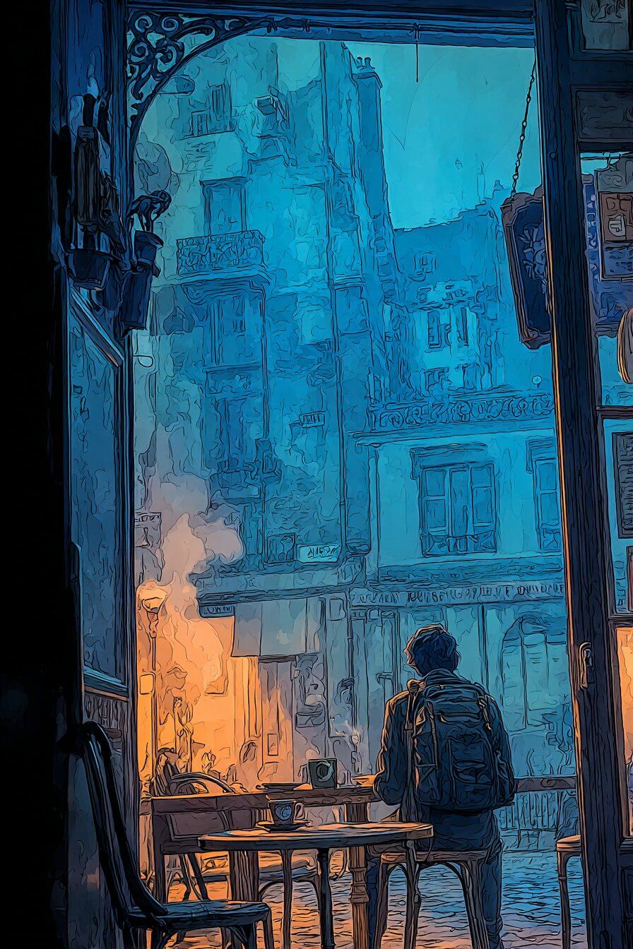A traveller with a small pack stands by an empty cafe table, looking out at a blue street at first light.