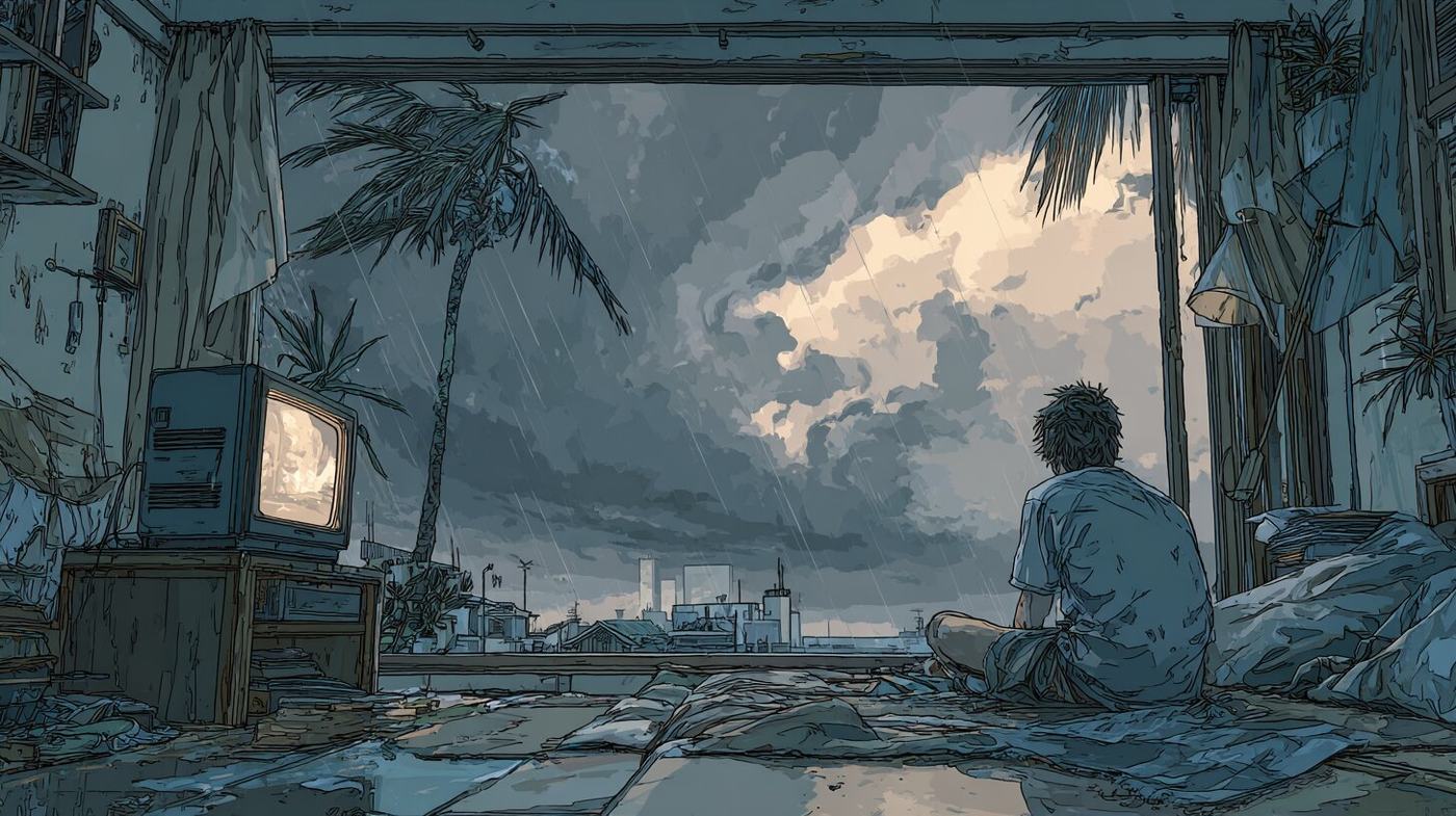 A young man sits on a bed before a wide open window, a television glowing beside him while palms bend under storm clouds.
