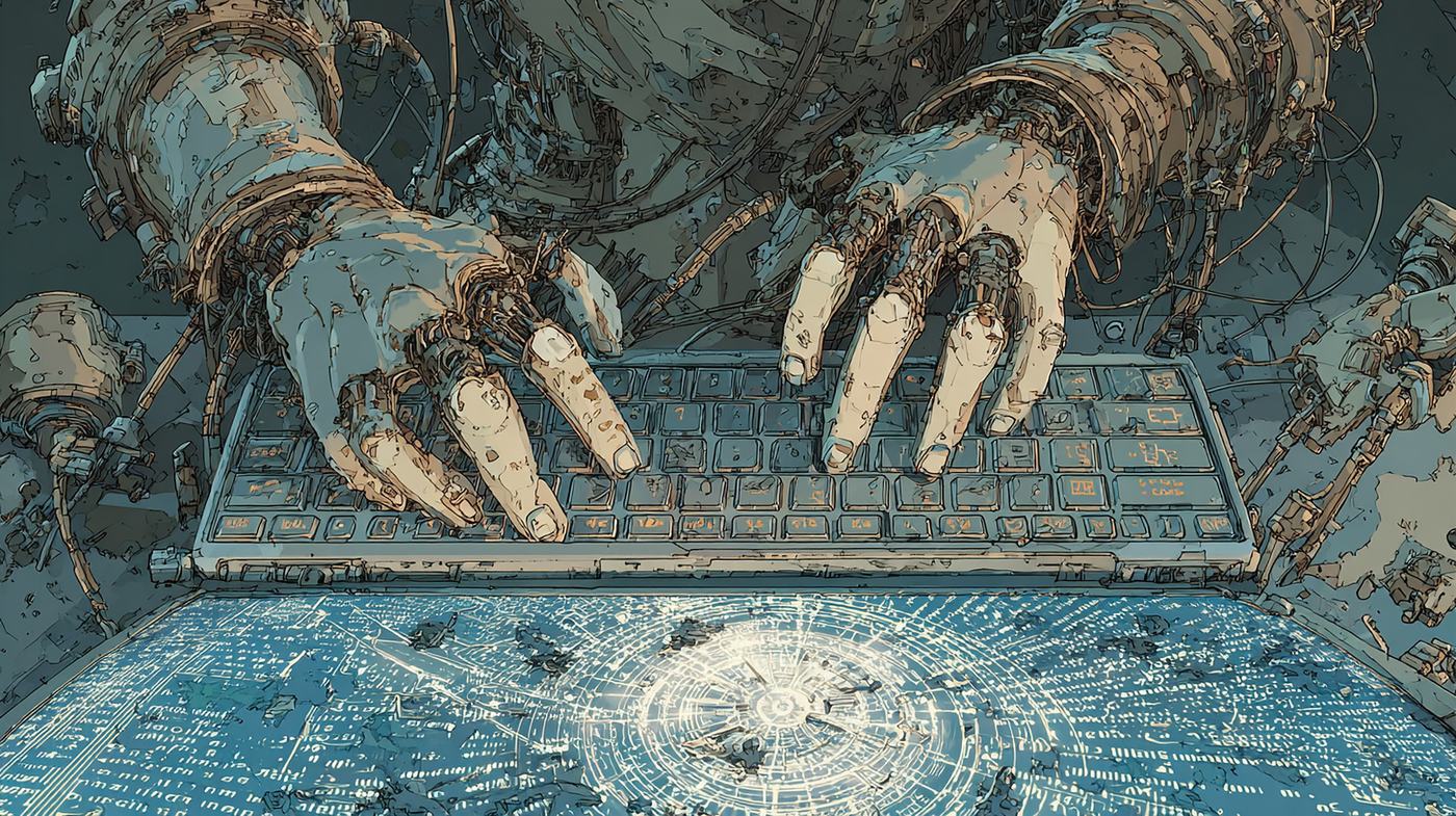 Two hands rest on a keyboard whose keys ripple outward like water.
