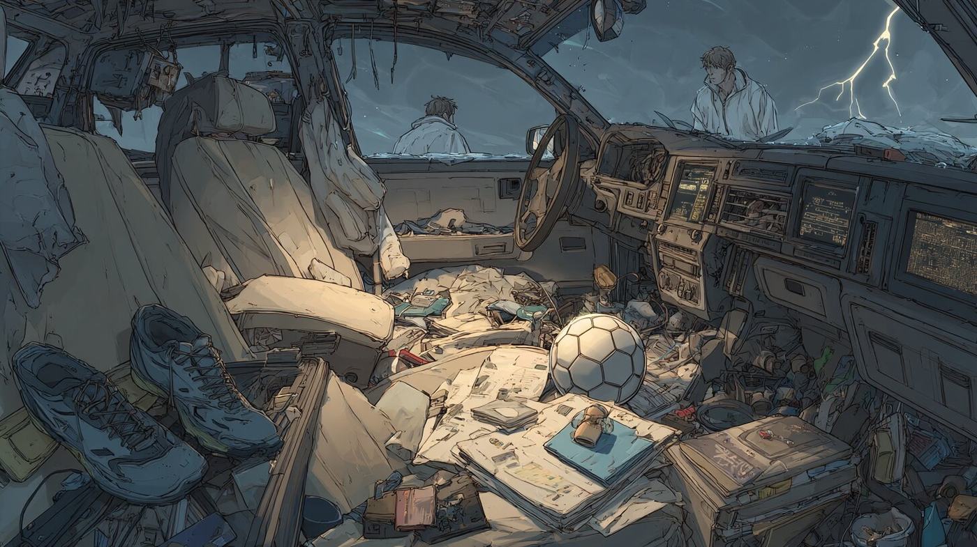 The inside of a car strewn with papers, toys, football boots and a new football, lightning flashing beyond the windscreen.