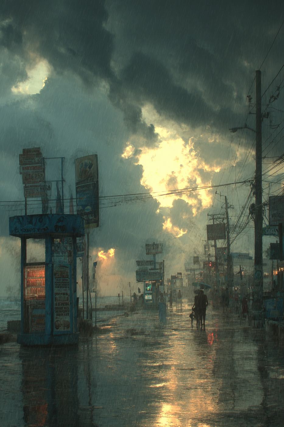 A wet street at night under a breaking storm sky, one lit window reflected in the puddles.