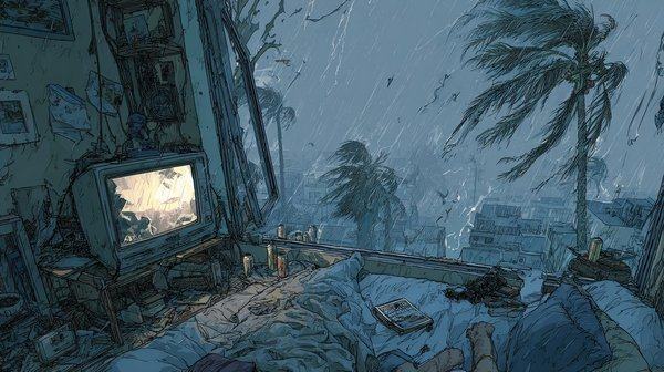 A television glows in a wrecked room open to a storm, palm trees bent over in the wind outside.