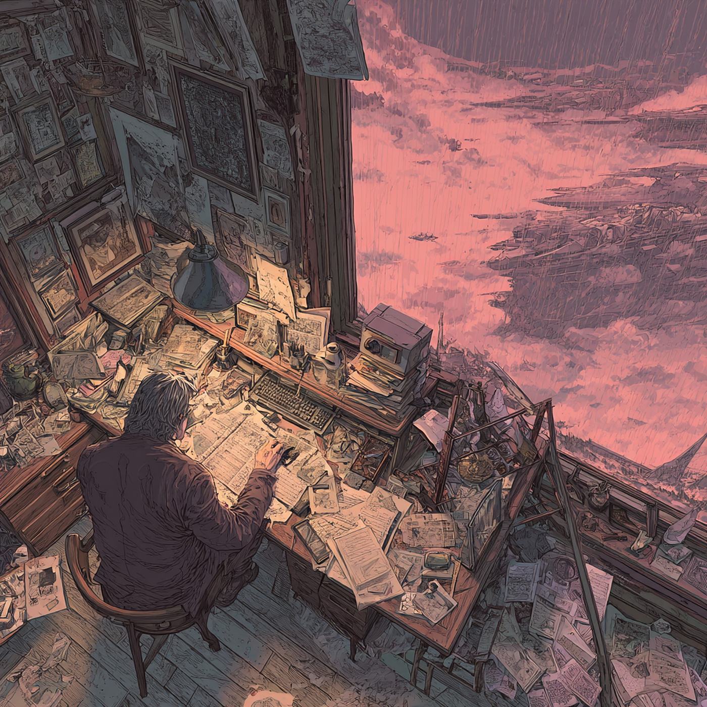 Seen from above, a man bends over a desk buried in papers under a lamp, beside a tall window full of pink storm cloud.