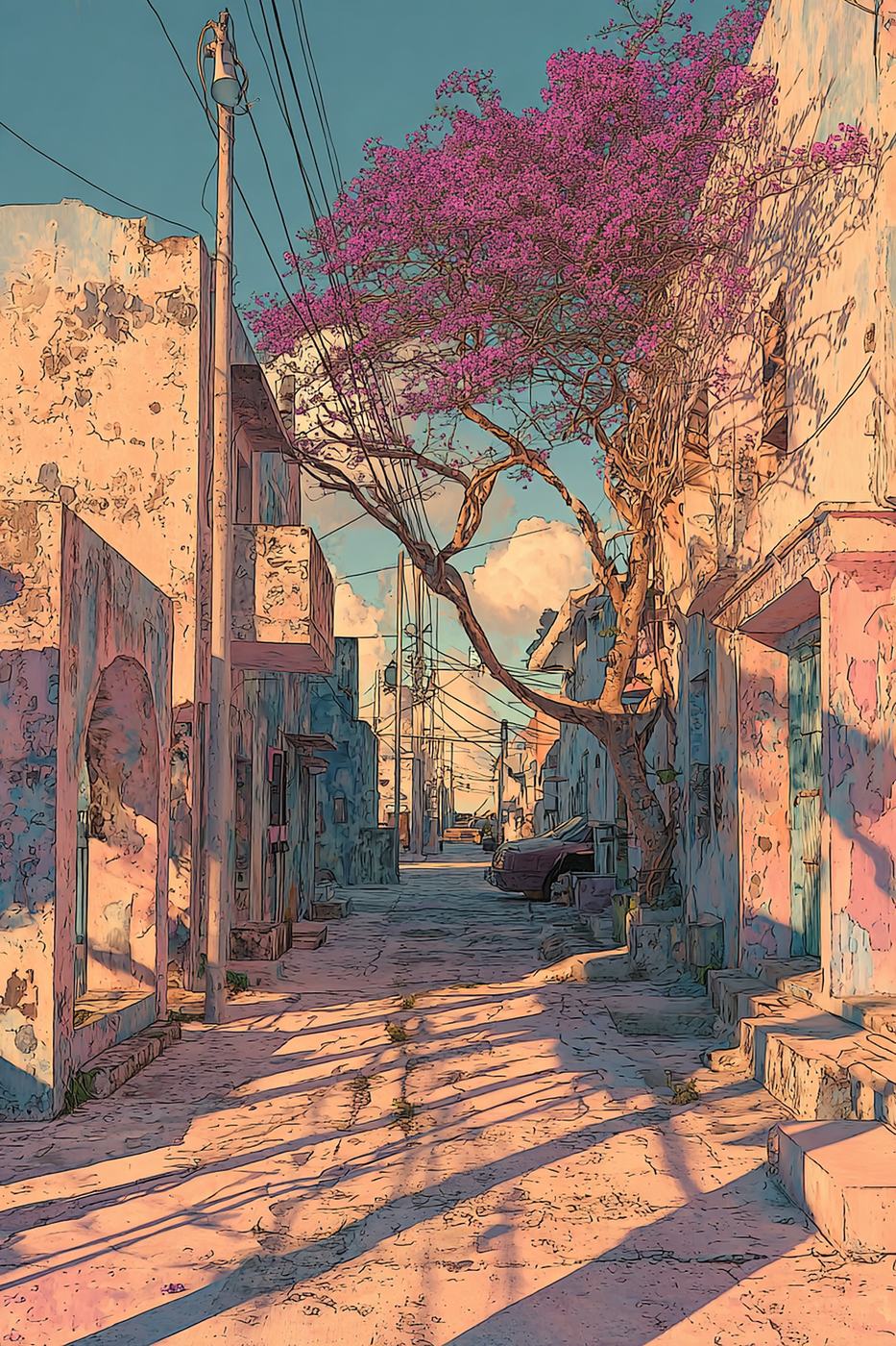 A narrow street at sunset, a bougainvillea in full pink bloom leaning over white walls and long shadows.
