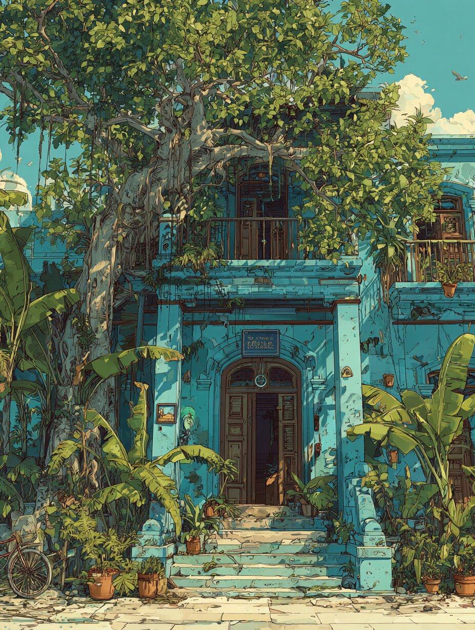 A turquoise house with a carved wooden door stands behind banana plants and potted flowers, a big tree spreading over its roof.
