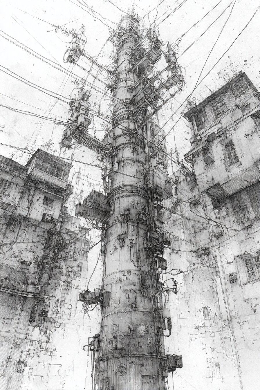 A tall utility pole loaded with boxes and tangled wires rises between old buildings, seen from the street below.