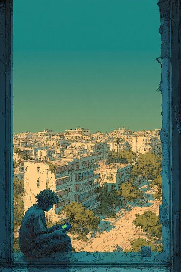 A boy sits on a window ledge with a handheld game, the pale city of Athens spread out below him under a green sky.