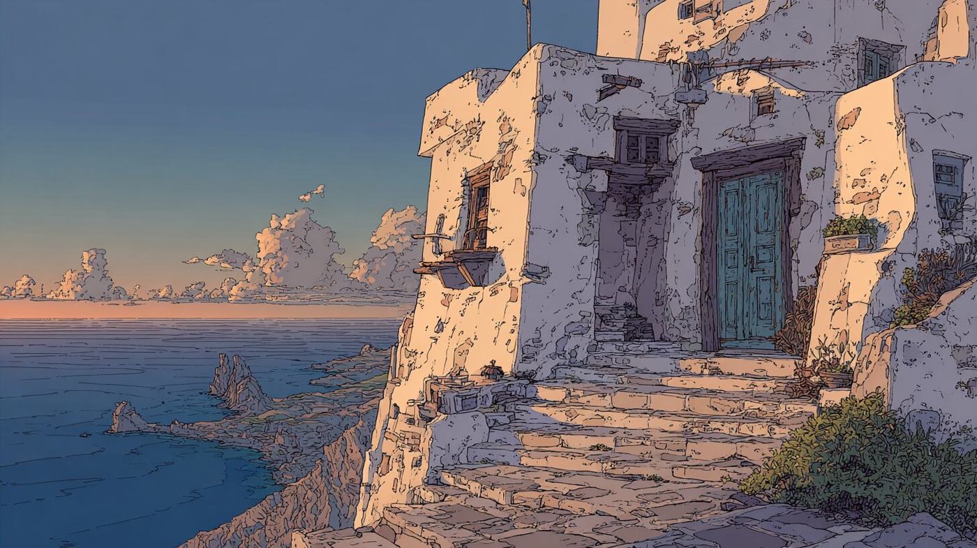A whitewashed stone house with a blue door stands on a cliff above a calm sea at dusk.