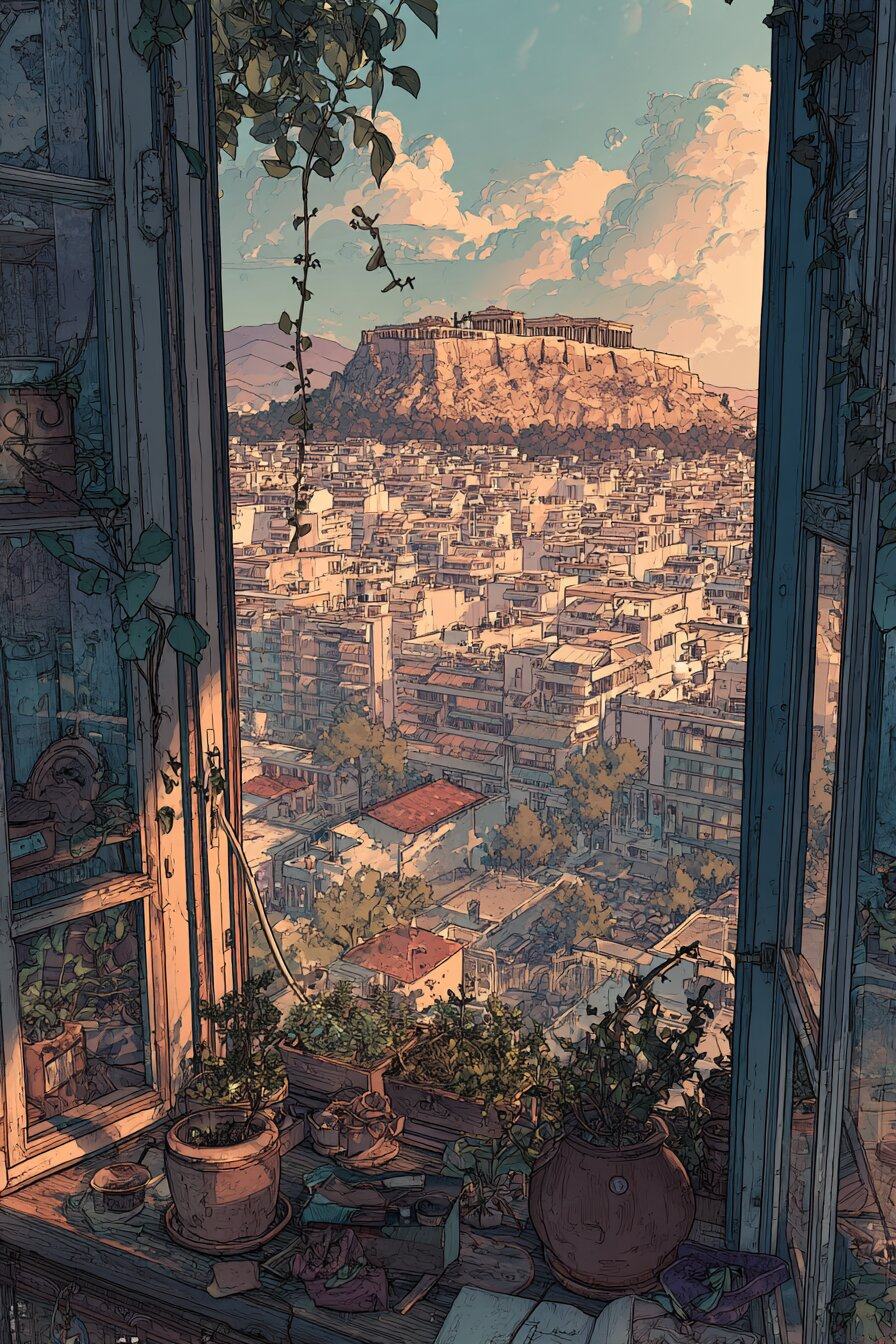 Through an open window with potted plants on the sill, a great flat topped rock rises over a city of pale roofs at sunset.