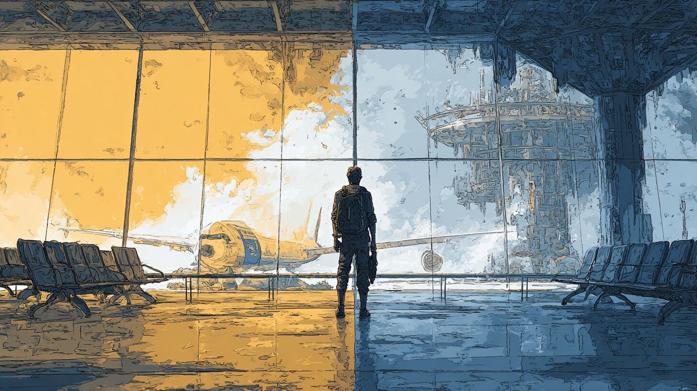 A figure stands alone at the glass wall of an airport gate, an airliner outside, one half of the scene in warm gold and the other in cold blue.