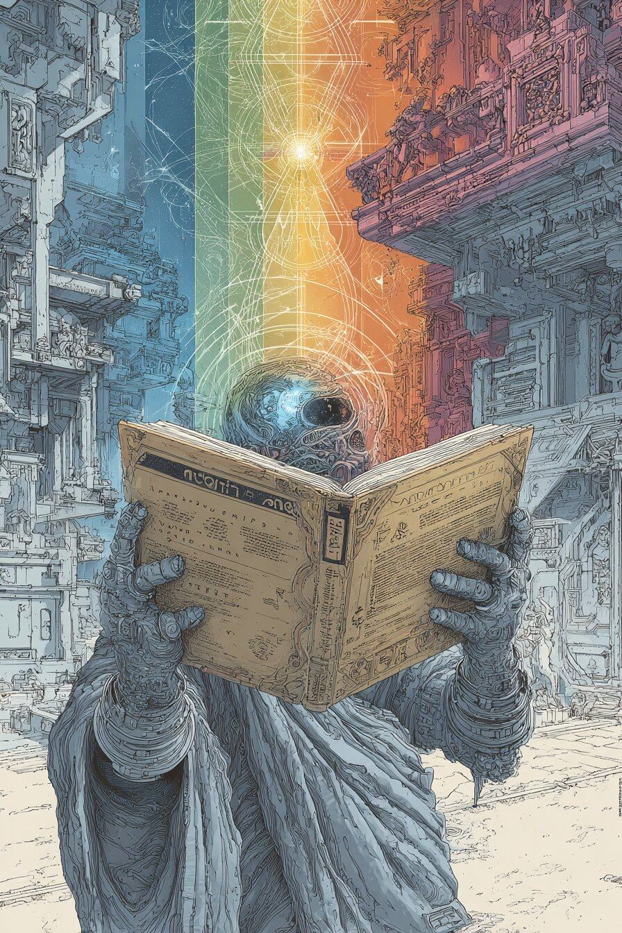 A robed stone figure with a swirling sphere for a face holds an open book, a band of rainbow light rising behind it between old buildings.