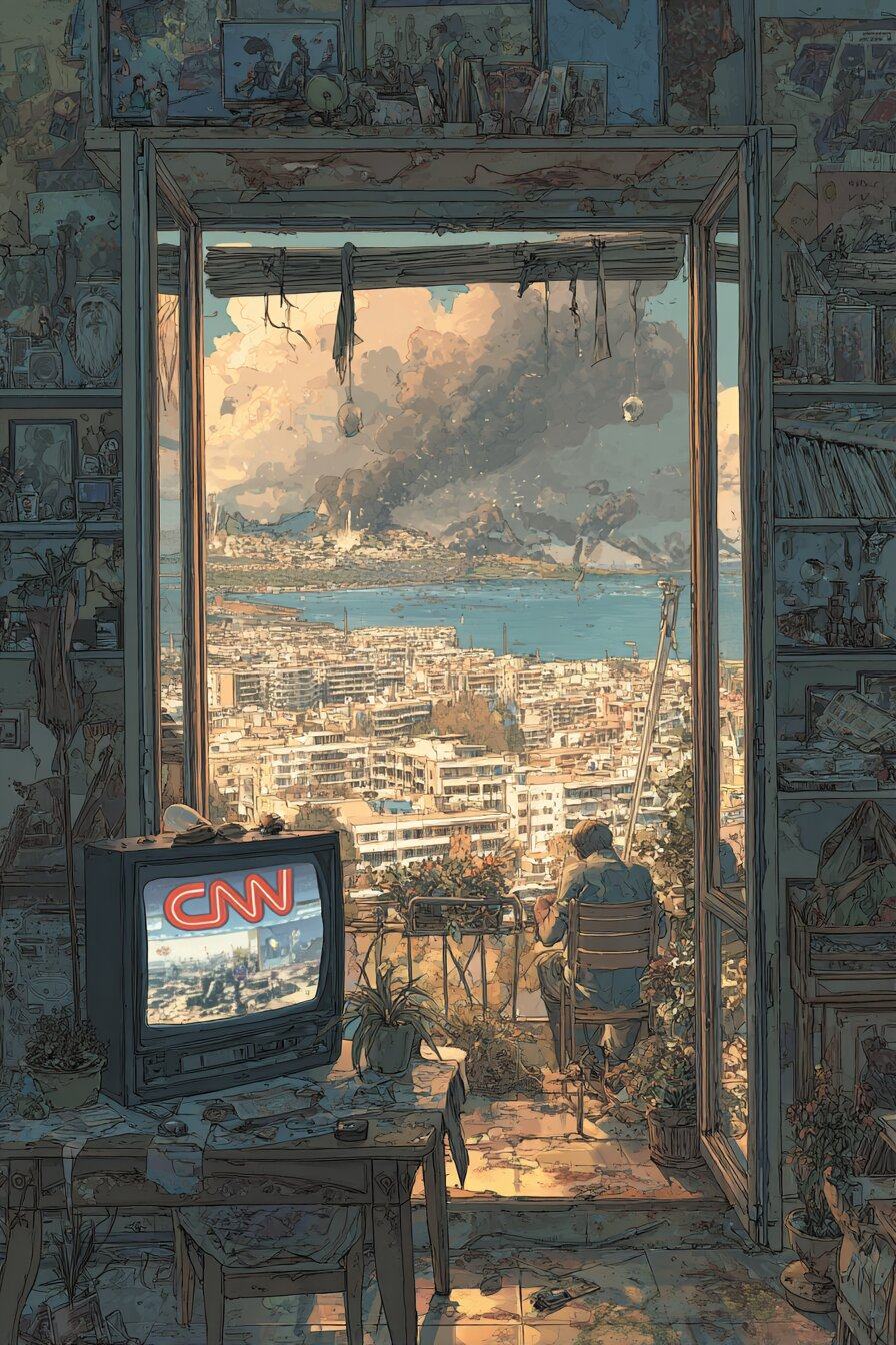 Through an open doorway, a hillside city runs down to the sea under a smoky sky; a small television glows on a table beside it.