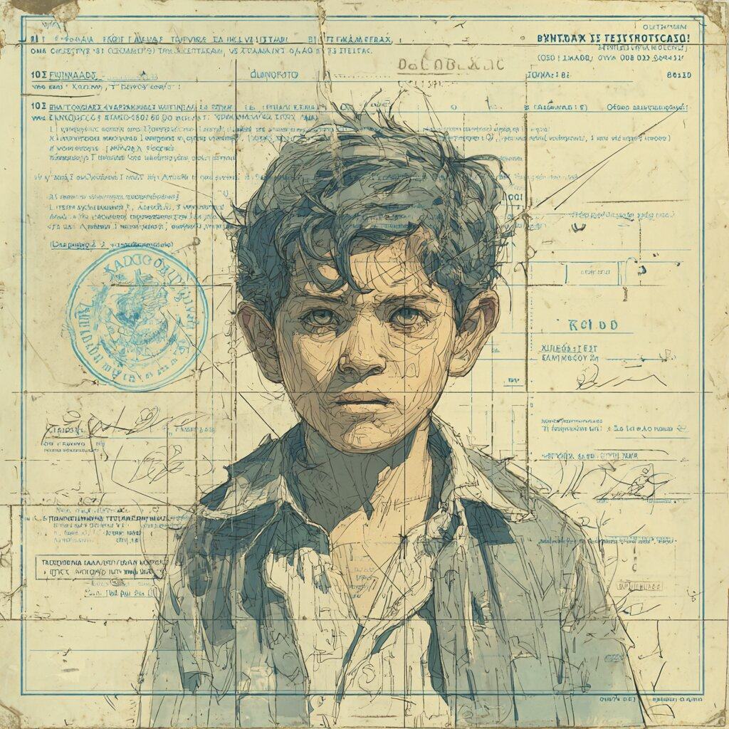 A pencil portrait of a serious boy with tousled hair, drawn over an old official form with stamps and printed lines.