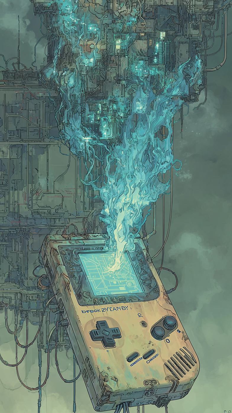 A handheld game console held up like an offering, a stream of blue light pouring out of its screen.