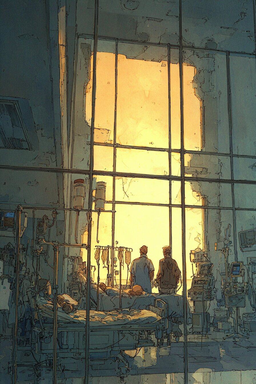 Seen through a large hospital window glowing gold, a few figures stand beside a bed.