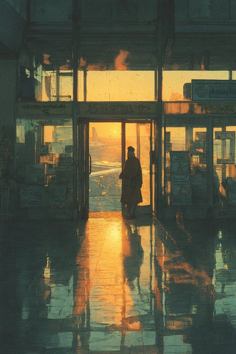 A lone figure stands in the open doors of a terminal building at sunset, orange light spilling across the wet floor.