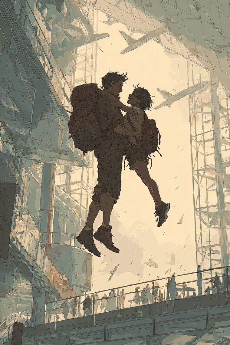 A couple with backpacks embrace, lifted clear of the ground, in a bright airport hall as planes cross the sky above.