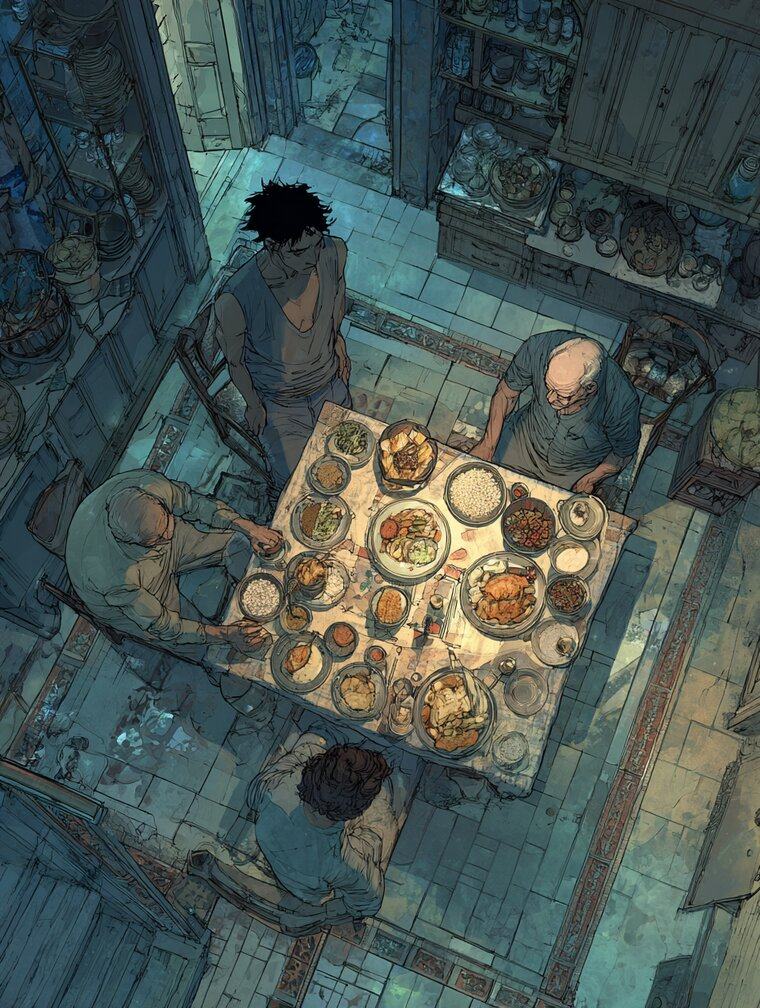 Seen from above, four people sit around a kitchen table crowded with dishes in a dim tiled room.