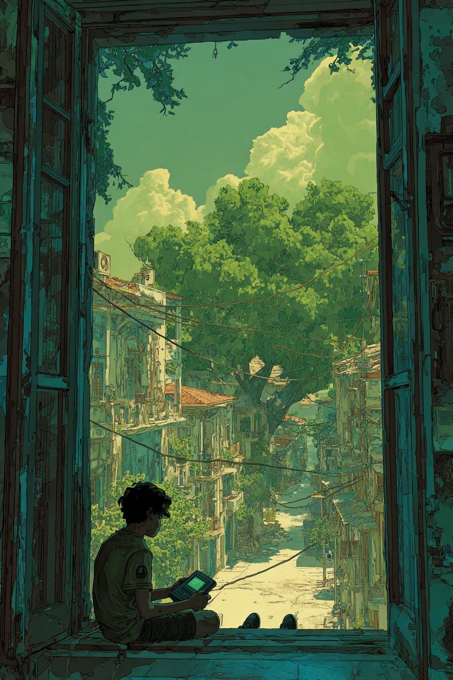 A boy sits in a tall open window with a handheld game, looking down a quiet street under big green trees.