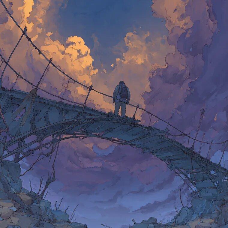 A lone figure stands at the middle of an arched rope bridge over a chasm, under towering purple and orange clouds.