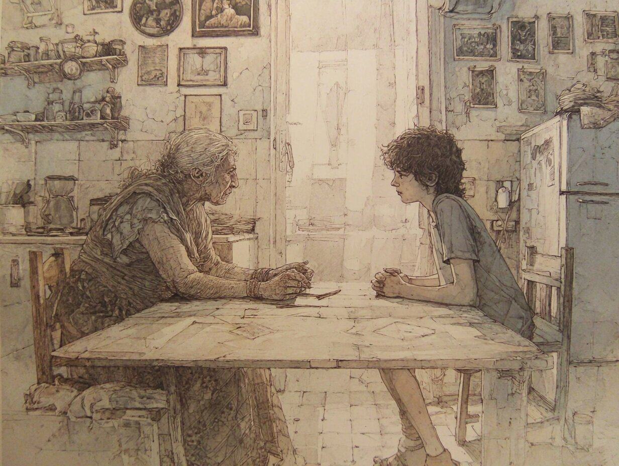 An old woman and a boy sit facing each other across a kitchen table, framed pictures covering the wall behind them.