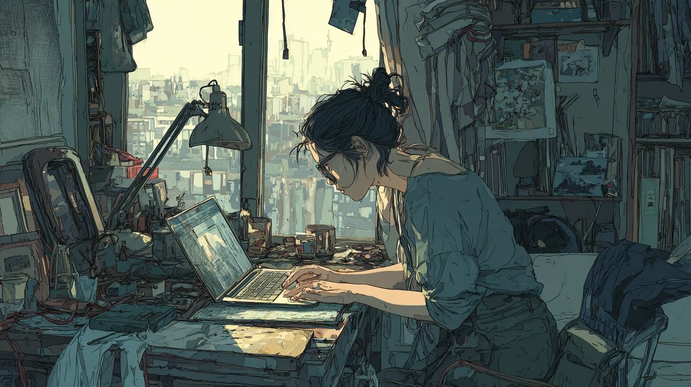 A woman types on a laptop at a cluttered desk under a lamp, city buildings outside the window.