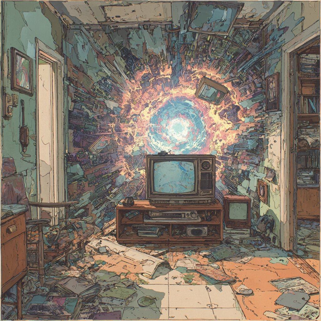 A small television sits in a living room while a burst of coloured light tears open the wall behind it, scattering papers and frames.