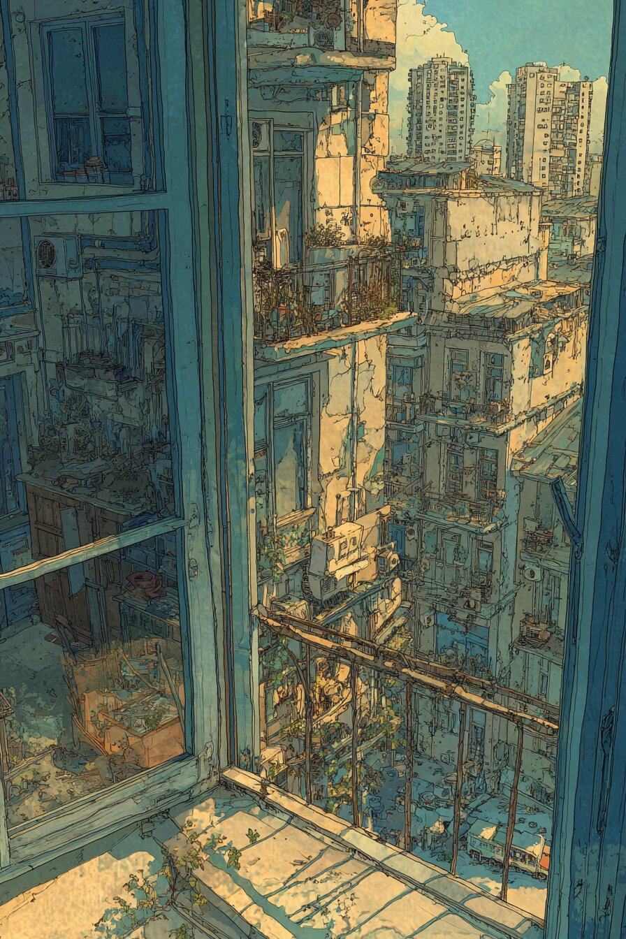 An open window and a small balcony look out on sunlit apartment blocks and towers crowded close together.