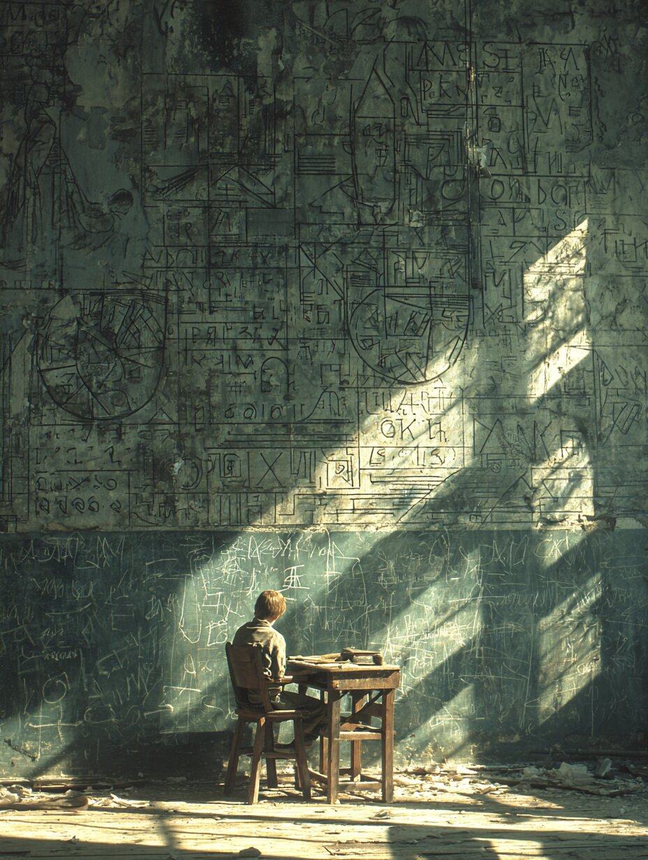 A small boy sits alone at a wooden desk in a vast classroom, a blackboard covered in formulas towering over him.