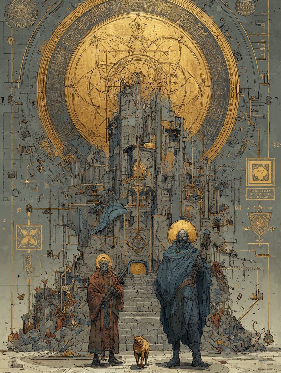 Two robed figures with golden halos stand with a small animal before a towering building crowned by a great golden disc.
