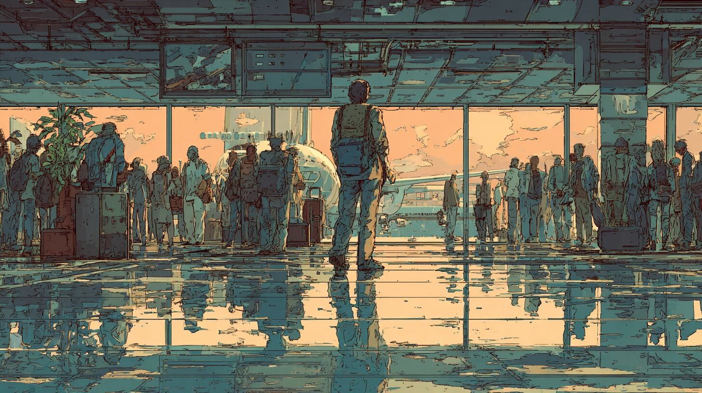 A young man with a backpack stands in an airport hall facing a waiting crowd, their reflections on the wet shine of the floor.