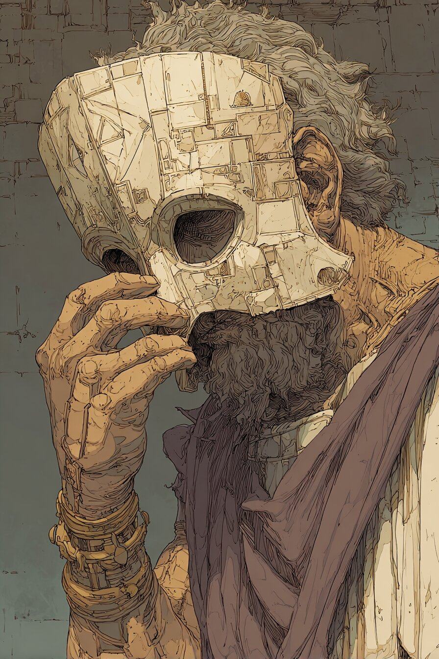 An old bearded man in a robe lifts a cracked white mask away from his face.