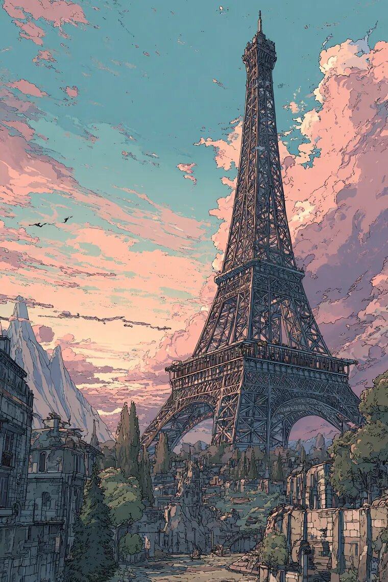The Eiffel Tower stands against a pink and blue evening sky above the rooftops.