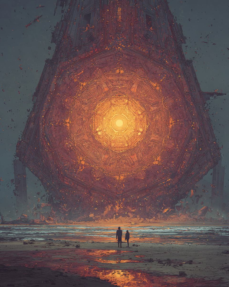 A vast crystal of orange and red light hangs over a dark beach, two tiny figures standing beneath it at the water's edge.