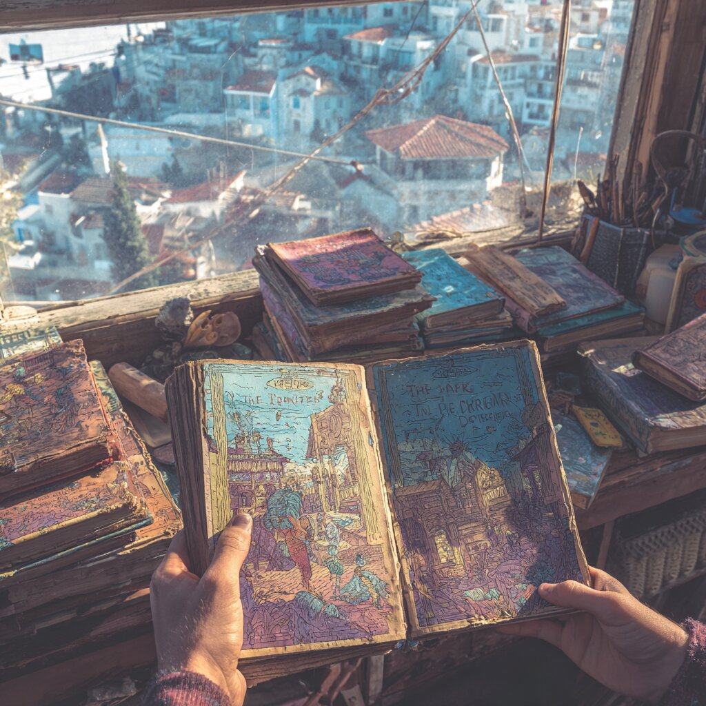 Two hands hold open a worn illustrated book above a windowsill piled with old books, a white hillside town seen through the glass.