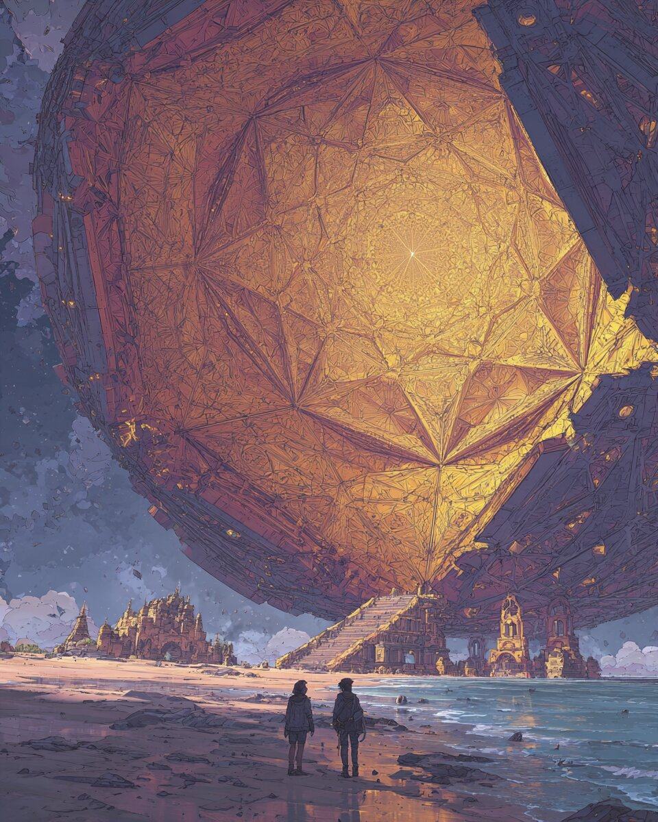 A huge faceted golden crystal fills a round dark frame in the sky above a beach, two small figures standing beneath it at the water's edge.