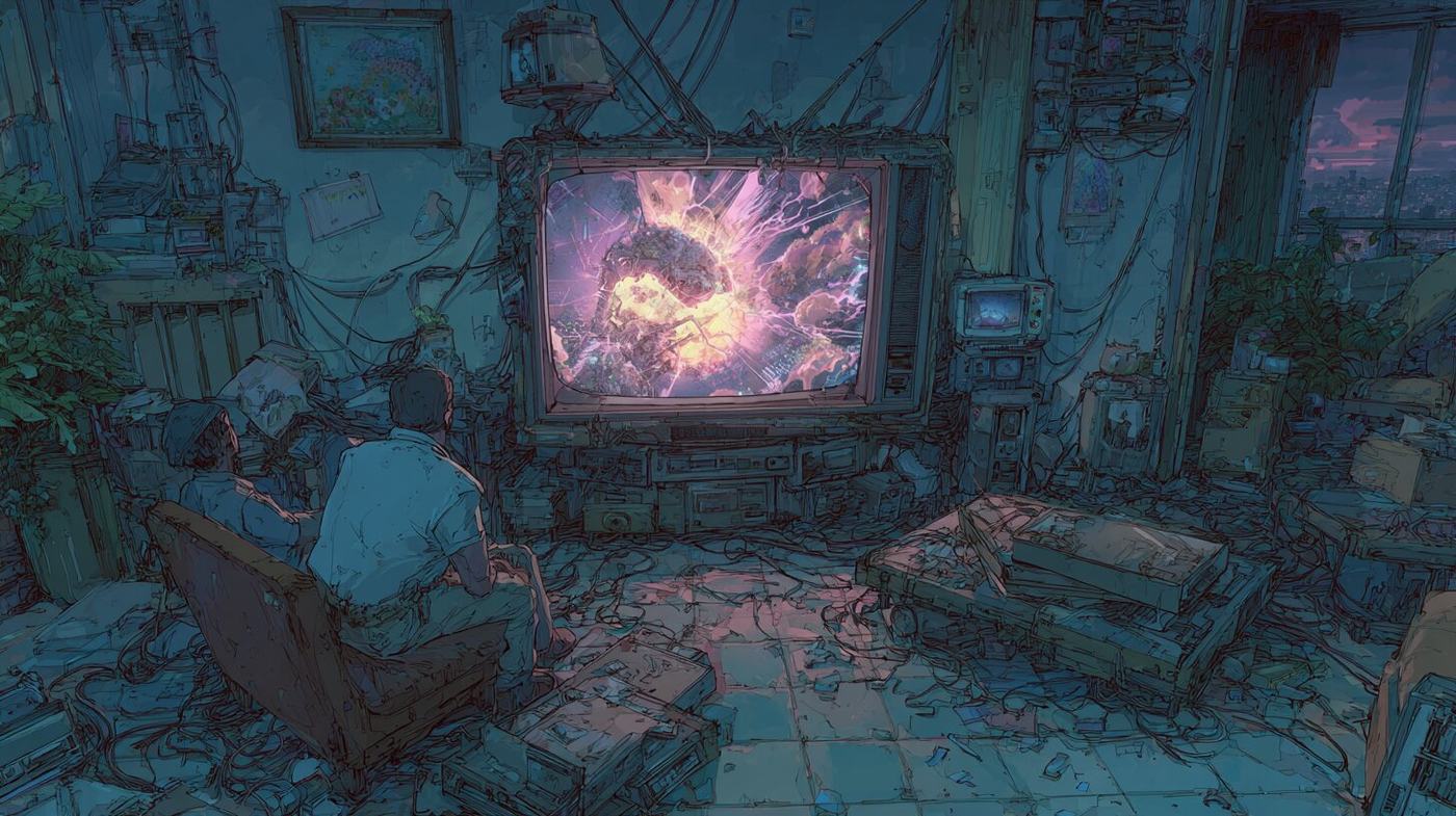 Two people sit in armchairs in a dim cluttered room, watching a large television that shows a burst of pink and violet light.