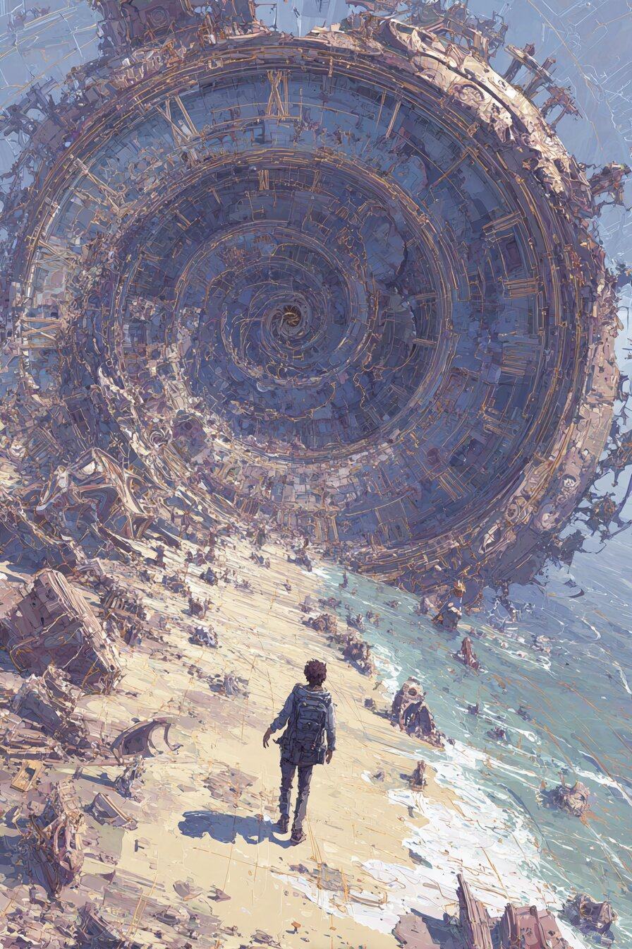 A lone figure with a backpack walks along a beach toward a vast spiral of stone and cloud turning in the sky.