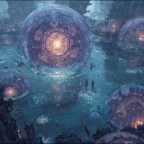 Two small figures at the water's edge before great glowing spheres, each with a mandala turning inside it, mirrored in the sea.