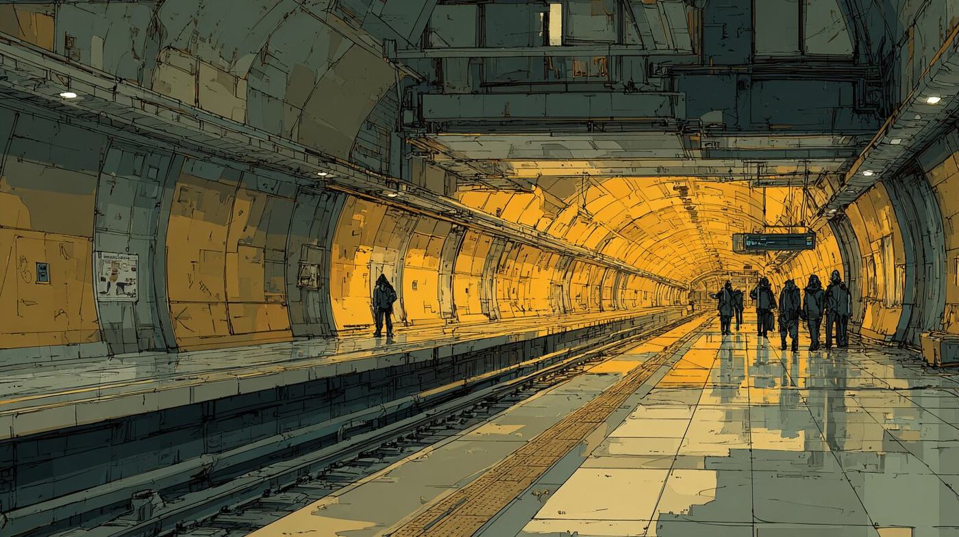 A curved underground train platform glowing yellow, a lone figure standing by the wall and a small group walking away down the tunnel.