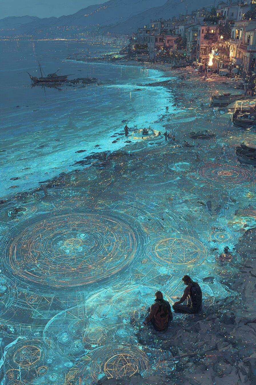 Two figures sit on a dark shore beside a glowing turquoise sea patterned with rings of light, a lit village on the hillside beyond.