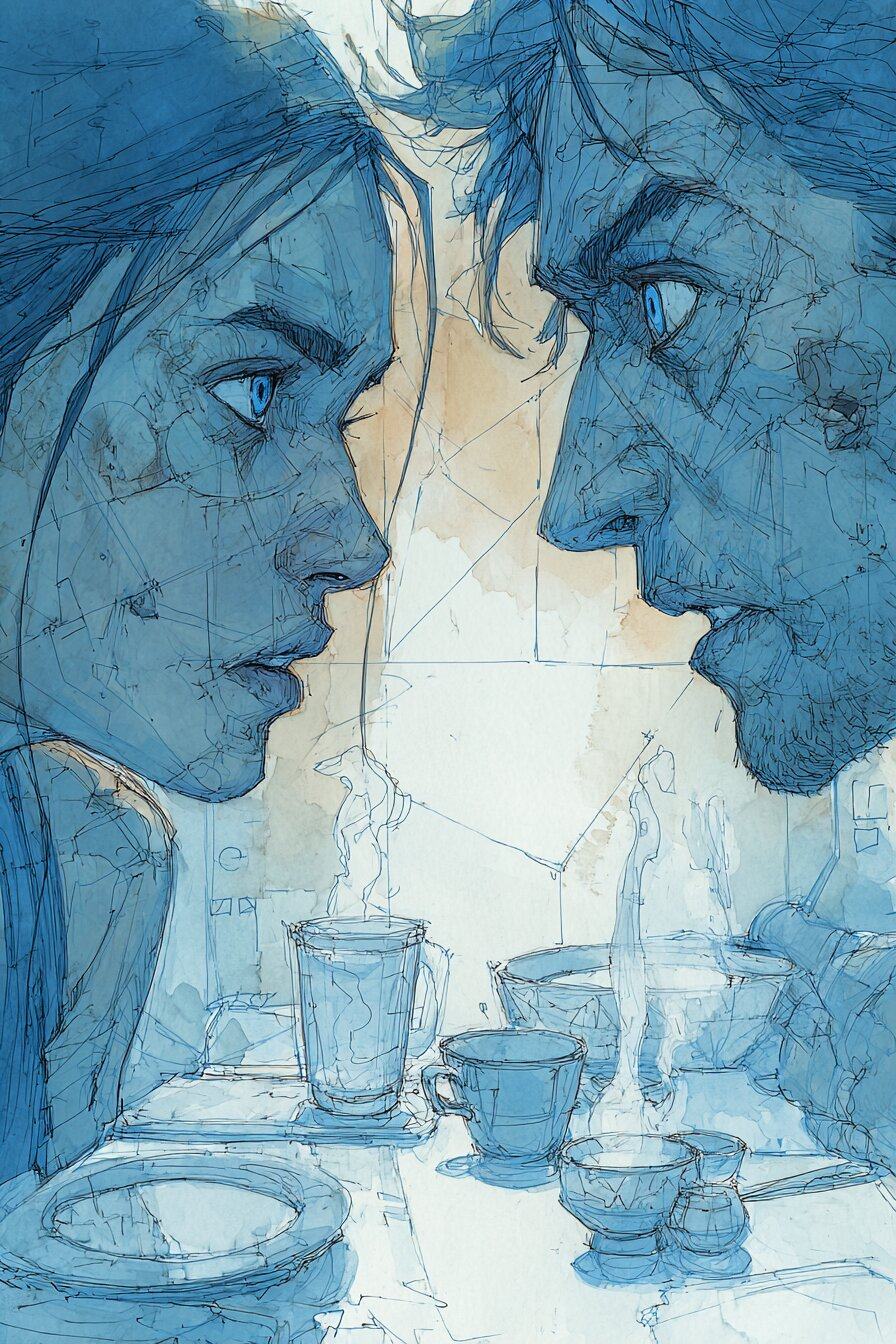 A young woman and a young man face each other in close profile, nearly nose to nose, above a table set with a steaming glass, cups and a plate.