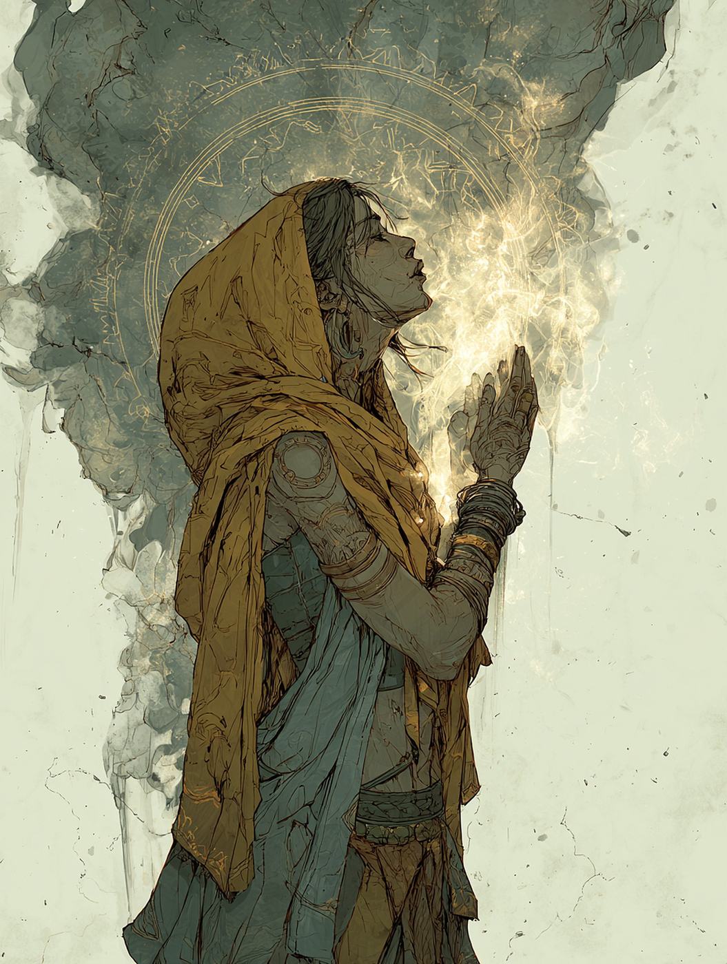 A woman in an ochre hooded shawl stands in profile, face lifted and hands raised, pale fire rising from her palms into a ring of smoke.