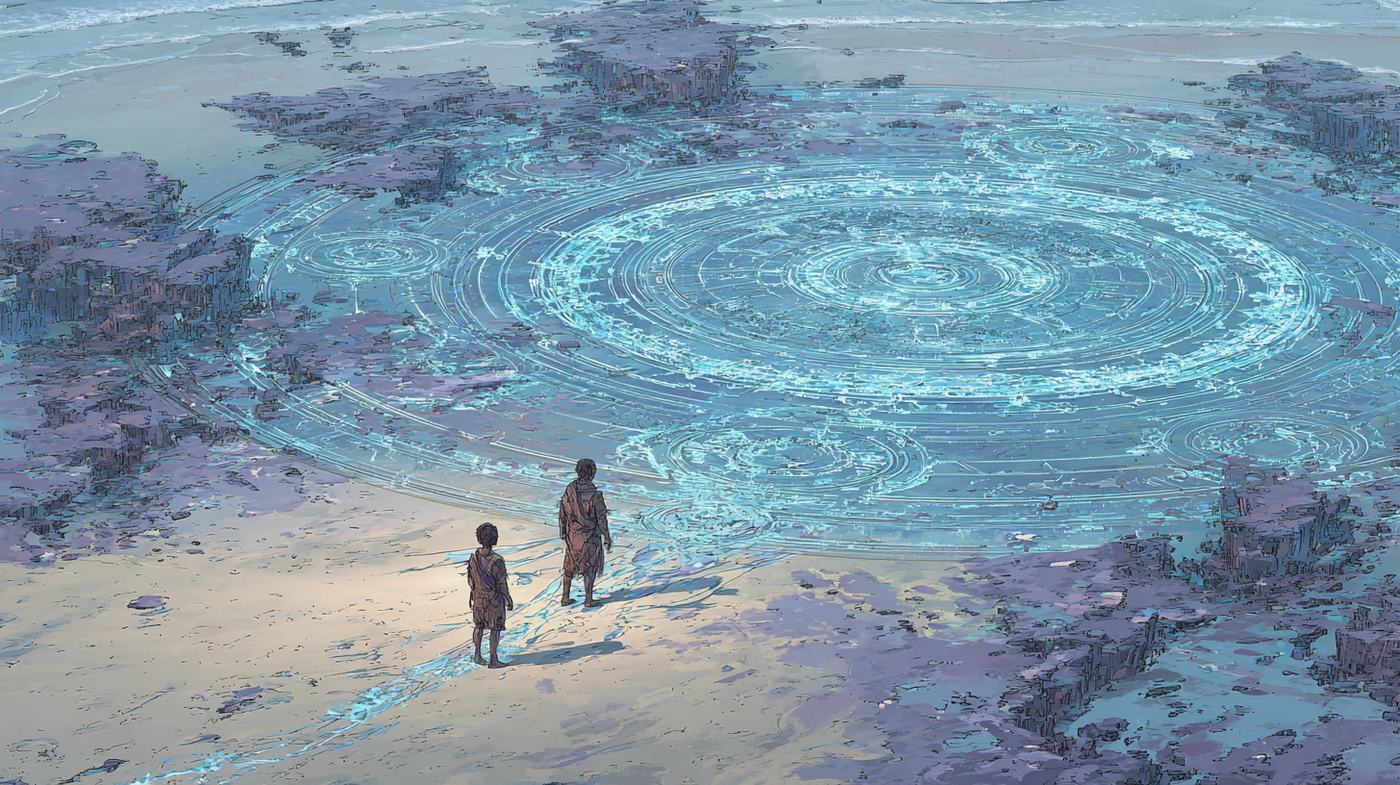 Two small figures stand on a beach before great luminous rings spreading across the sand and the shallows like a mandala drawn by their breath.