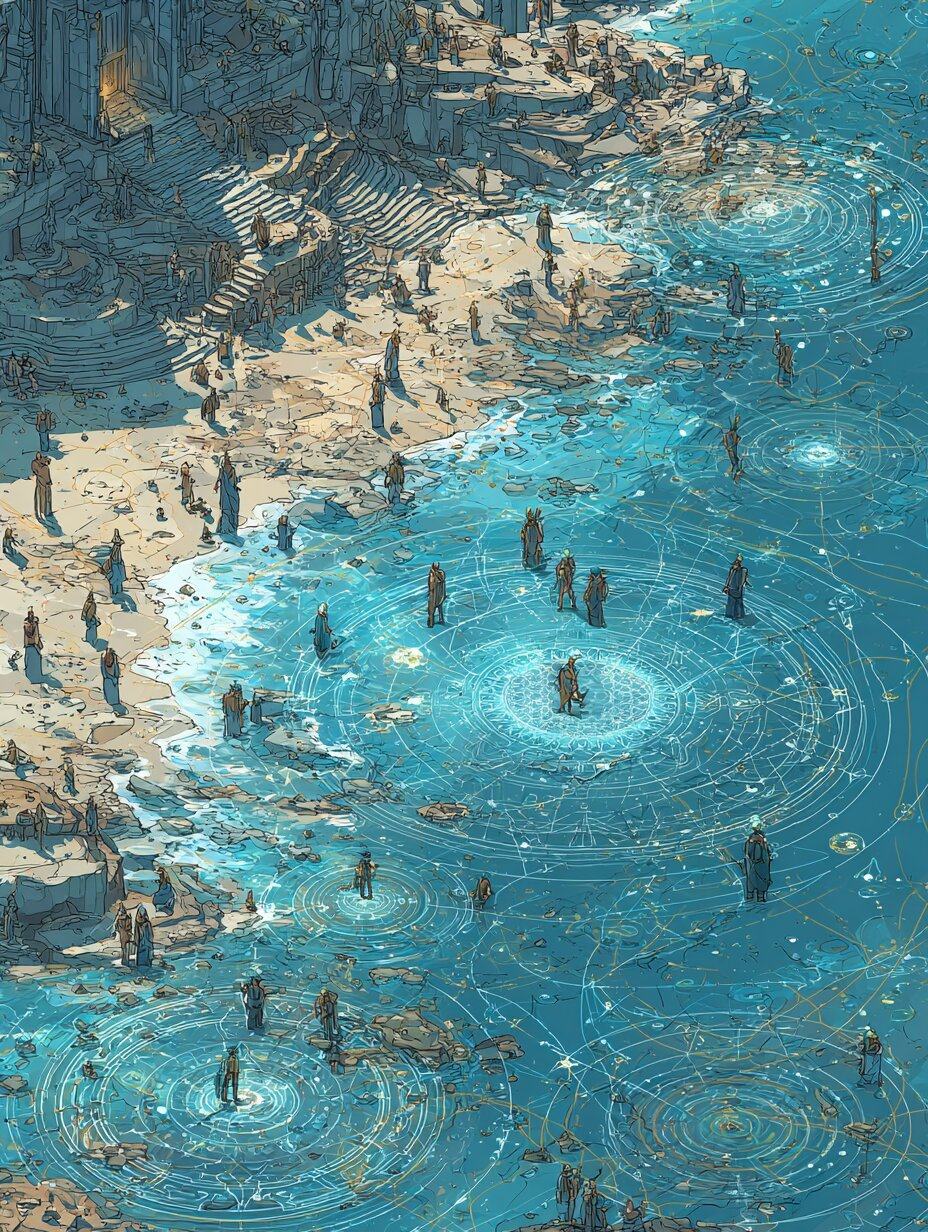 Seen from above, dozens of people stand scattered in a turquoise sea off a rocky shore, rings of ripples spreading from each one and overlapping.
