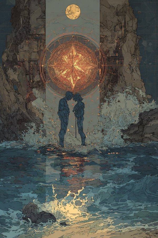 Two figures stand in the sea with their heads together under a red and gold mandala, the water breaking in light at their feet.