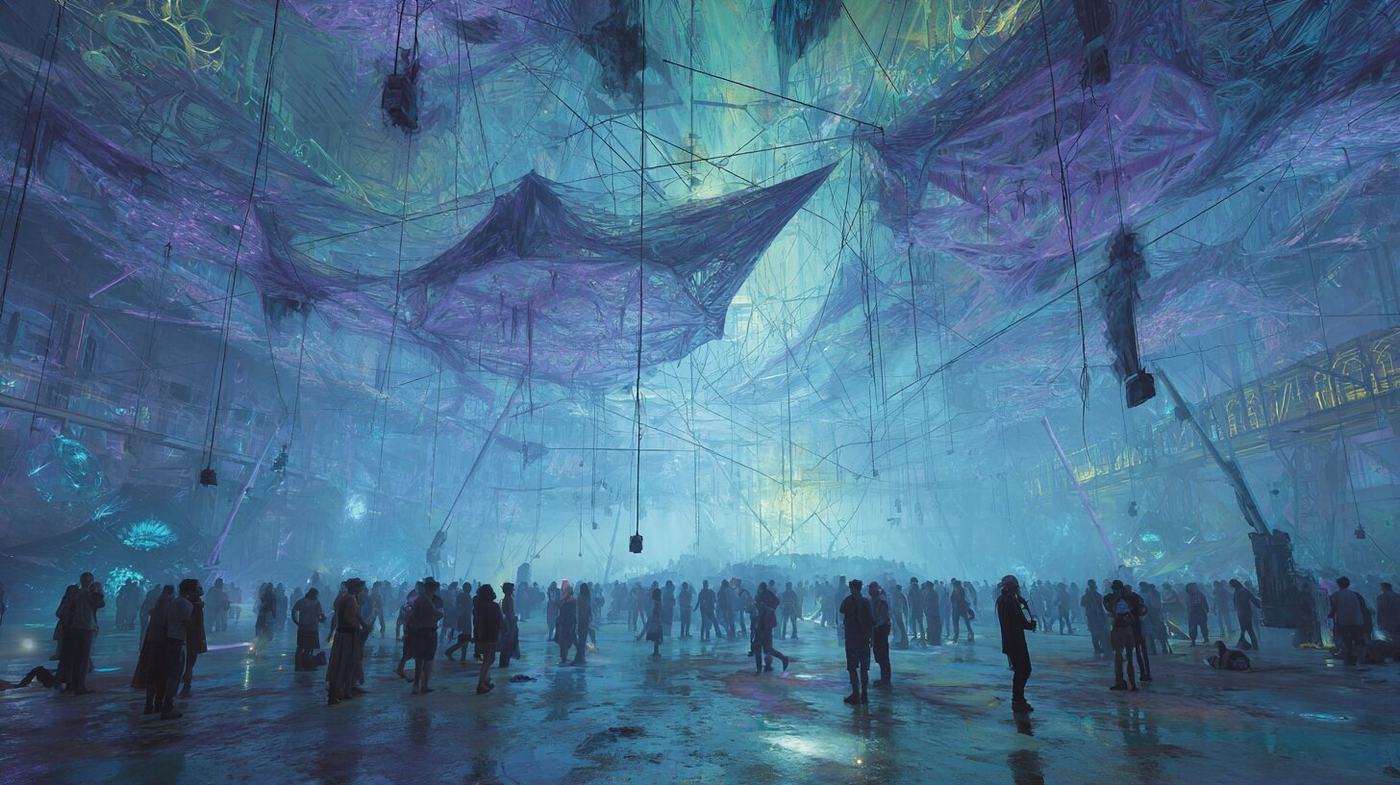 A crowd of dark figures stands in a huge misty hall under sagging sheets of violet fabric strung from cables, blue light pooling on the wet floor.
