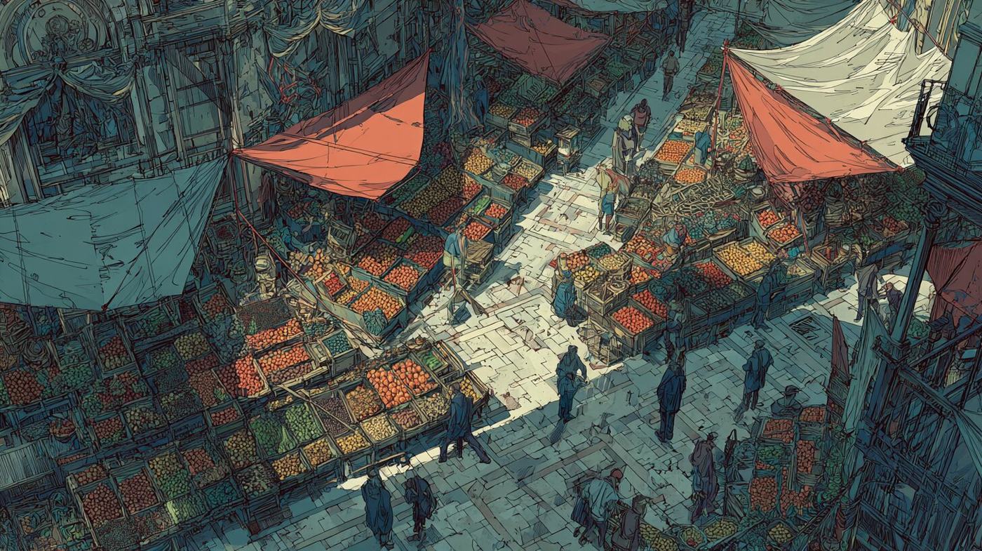 Seen from above, people walk a paved lane between market stalls heaped with produce under red and white awnings.